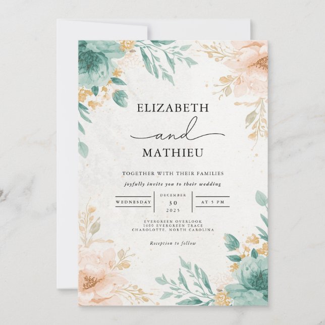 Invitation Mariage d'arche florale Ethereal Turquoise Peach (Devant)