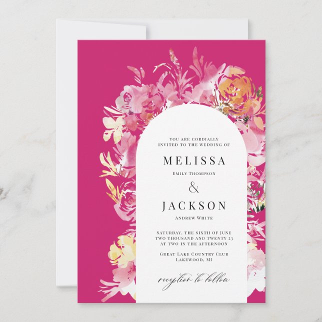 Invitation Mariage d'arche Fuchia rose et bleu (Devant)
