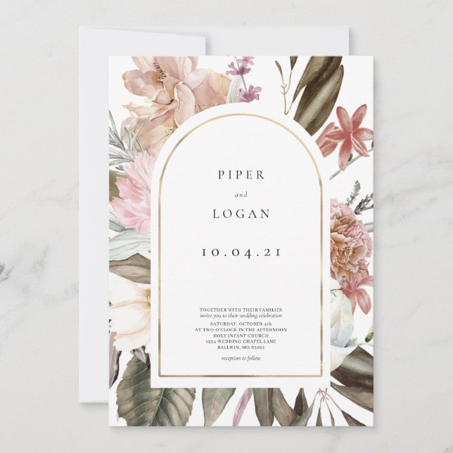 Invitation Mariage d'arche or Fleur sauvage moderne (Devant)