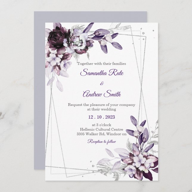 Invitation Mariage d'argent violet et lavande (Devant / Derrière)