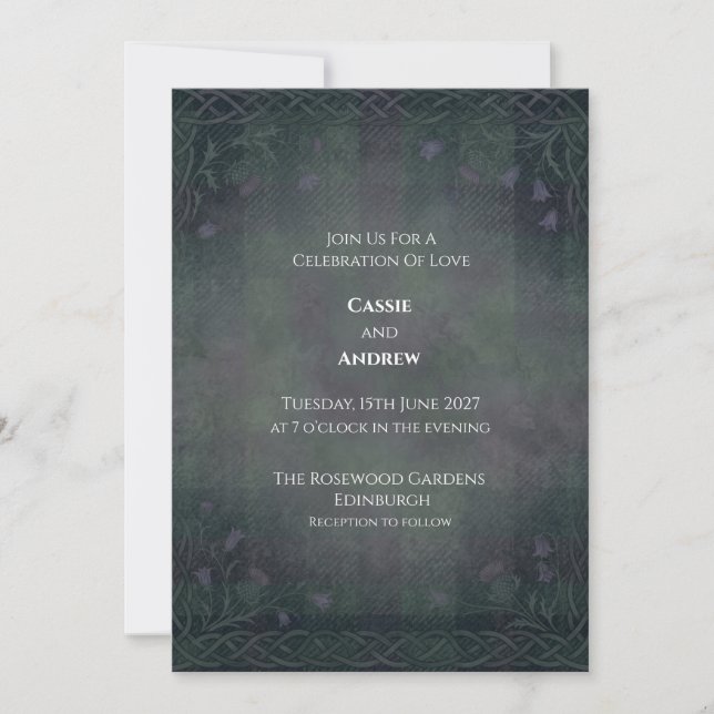 Invitation Mariage Dark Green Celtic Tartan Bluebell (Devant)