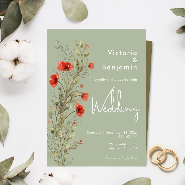 Invitation Mariage d'arrosage floral sauvage simple (Simple Rustic Watercolor Floral Boho Sage Green Invitation )