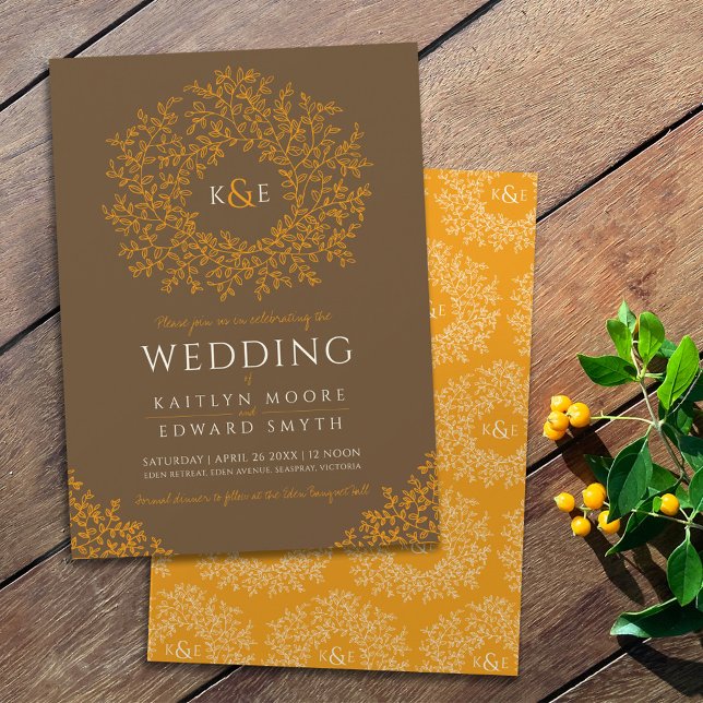 Invitation mariage d'art Brown orangé feuille dessinée à la m (Créateur téléchargé)