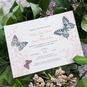 Invitation Mariage d'art corail et papillons bleu