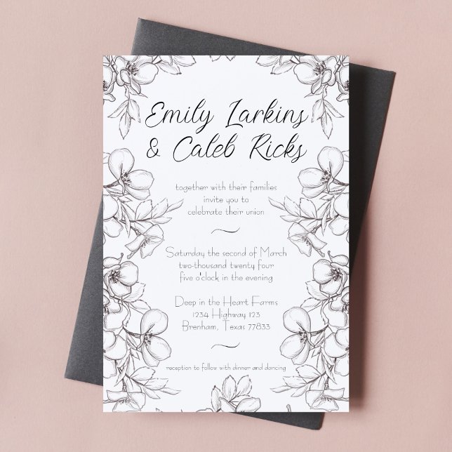 Invitation Mariage d'art de la ligne de cadre florale noire e (black and white line art floral border wedding invitation script cursive typography elegant design)