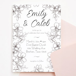 Invitation Mariage d'art de la ligne de cadre florale noire e