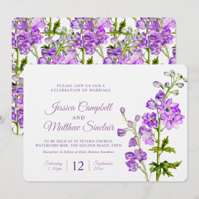 Invitation Mariage d'art de l'aquarelle violette de Delphiniu (Devant / Derrière)