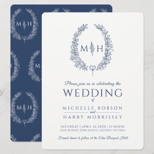 Invitation Mariage d'art de ligne ovale feuille bleu et blanc
