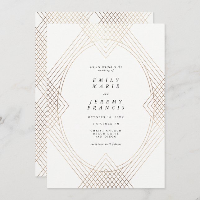 Invitation Mariage d'Art Déco Géométrique Ovale Blanc Or (Devant / Derrière)