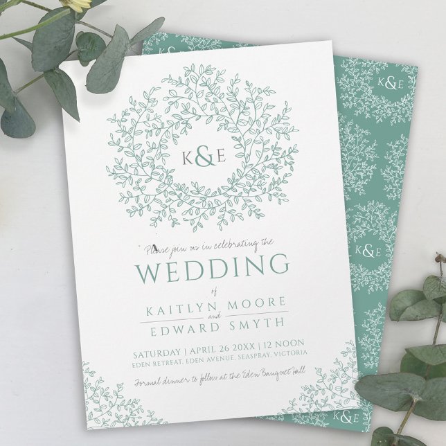 Invitation Mariage d'art en monogramme gris vert (Créateur téléchargé)