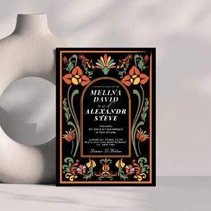 Invitation Mariage d'art floral Vintage noir et orange