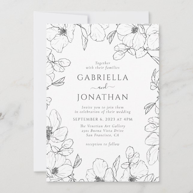 Invitation Mariage d'art moderne Black White Floral Line (Devant)