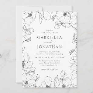 Invitation Mariage d'art moderne Black White Floral Line