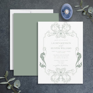 Invitation Mariage d'art Monogramme de la ligne florale verte