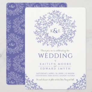 Invitation mariage d'art monogramme en feuille bleue