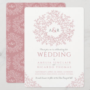 Invitation Mariage d'art monogramme en feuille rose pâle
