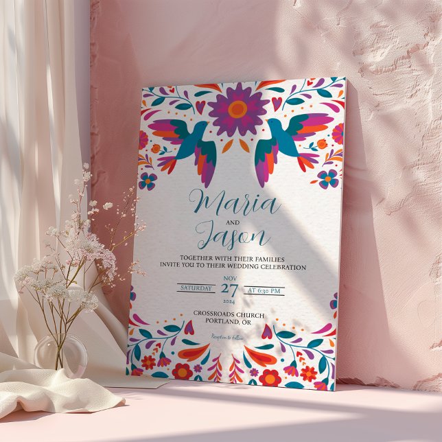 Invitation Mariage d'art populaire coloré Otomi Tenangos mexi (Mexican Otomi Tenangos Colorful Folk Art Wedding Invitation)