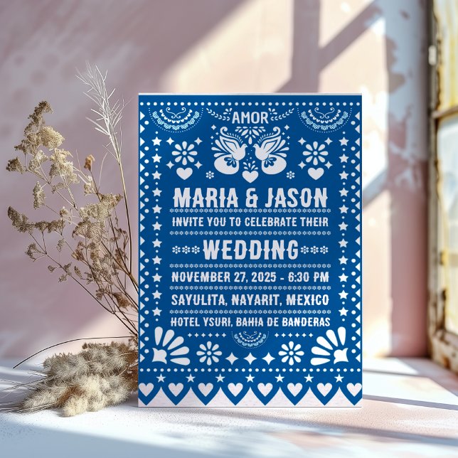 Invitation Mariage d'art populaire de fête de papier picado b (Mexican Blue Papel Picado Fiesta Folk Art Wedding Invitation)
