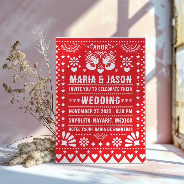 Invitation Mariage d'art populaire de fête de papier picado r (Mexican Red Papel Picado Fiesta Folk Art Wedding Invitation)