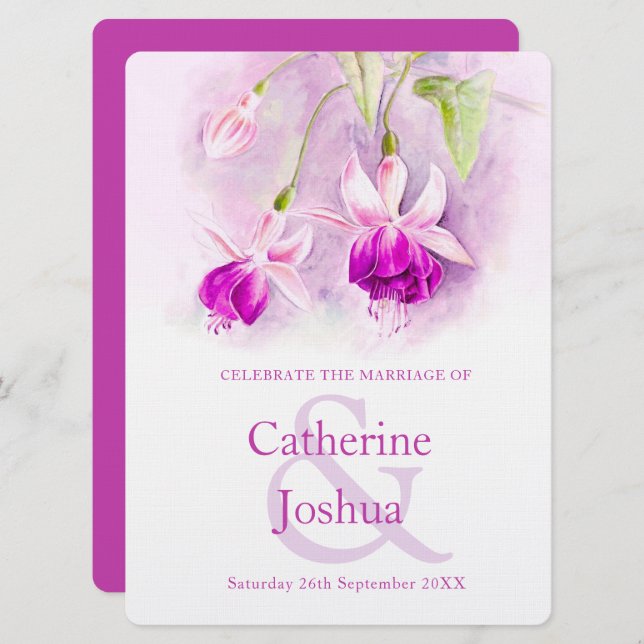 Invitation Mariage d'art rose violet Fuchsia (Devant / Derrière)