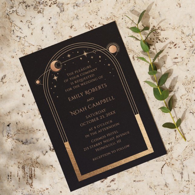 Invitation Mariage d'astronomie mystique Black Gold Sun Moon (Créateur téléchargé)