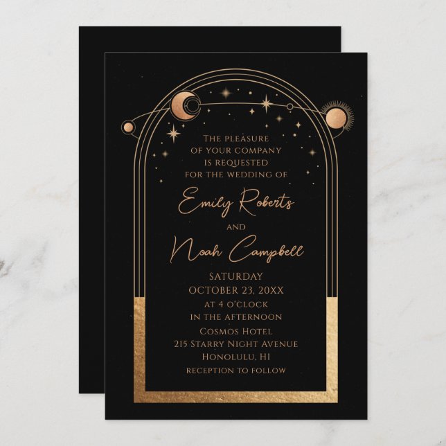 Invitation Mariage d'astronomie mystique Black Gold Sun Moon (Devant / Derrière)