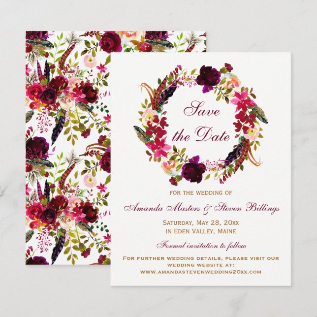 Invitation Mariage Date à Sauvegarder - Floral Bordeaux, Plum (Devant / Derrière)