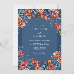 Invitation Mariage d'automne à fleurs bleues marine