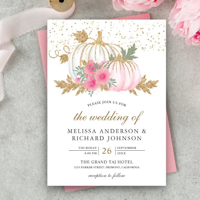 Invitation Mariage d'automne à fleurs roses avec citrouille b (Créateur téléchargé)