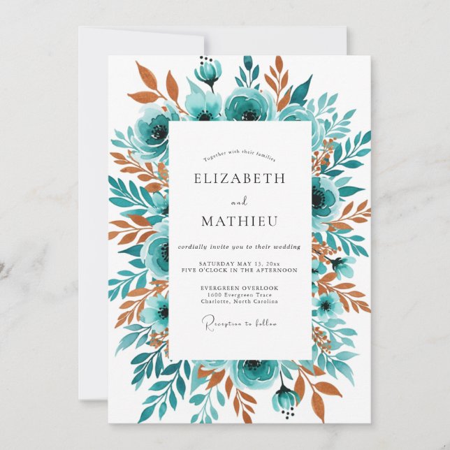 Invitation Mariage d'automne à fleurs sarcelle (Devant)
