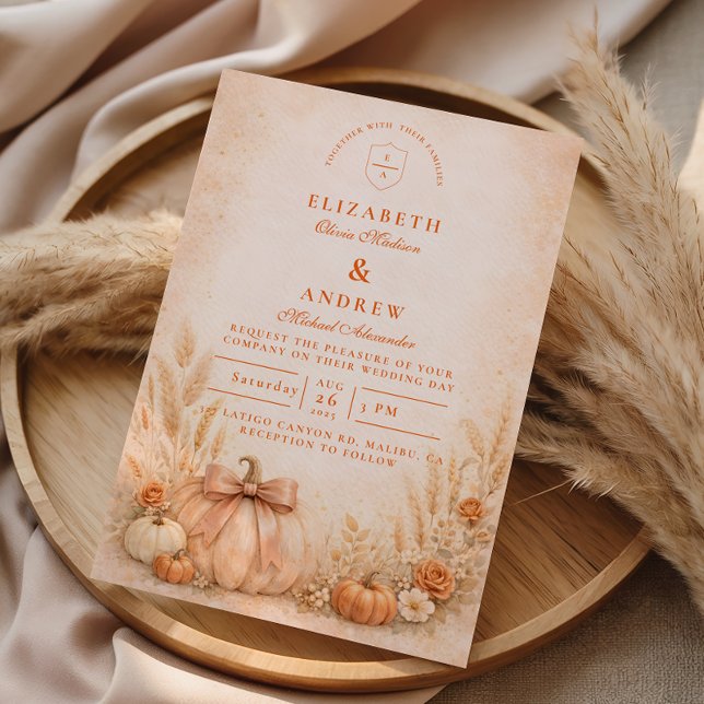 Invitation Mariage d'automne à la citrouille à noeud coquet (Créateur téléchargé)