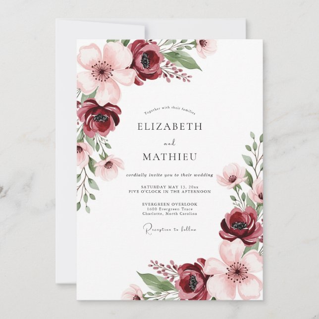 Invitation Mariage d'automne à l'aquarelle burgundy (Devant)