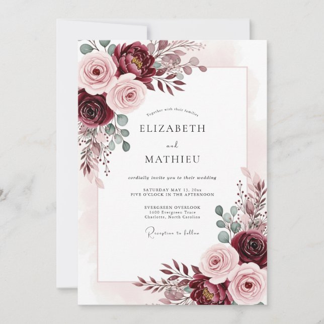 Invitation Mariage d'automne à l'aquarelle rouge Bourgogne (Devant)