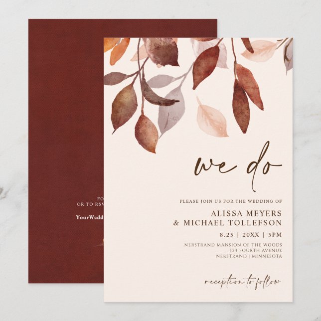 Invitation Mariage d'automne Aquarelle Feuilles Feuillage Rou (Devant / Derrière)