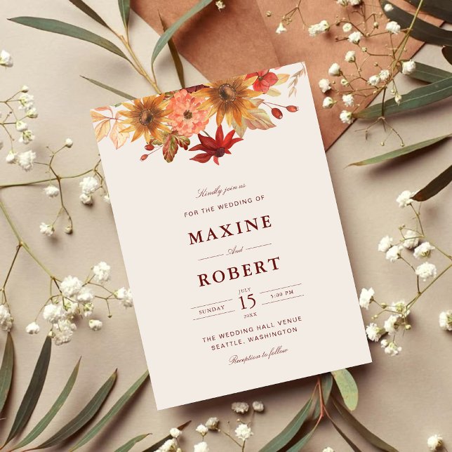 Invitation Mariage d'automne aux feuilles élégantes (Autumn wedding invitation with elegant fall leaves adds warmth to your special day.)