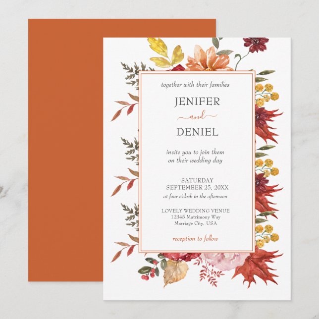 Invitation Mariage d'automne aux feuilles élégantes de l'auto (Devant / Derrière)