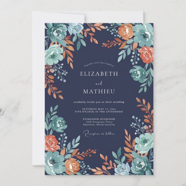 Invitation Mariage d'automne aux fleurs de corail sarcelle (Devant)