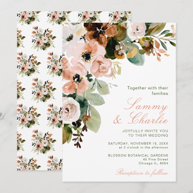 Invitation Mariage d'automne aux fleurs et feuillages roses (Devant / Derrière)