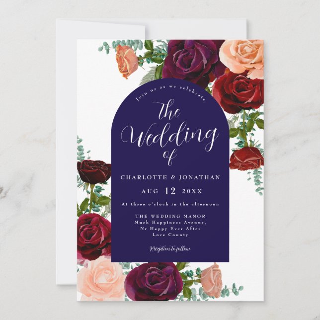 Invitation Mariage d'automne aux fleurs rustiques bleu marine (Devant)