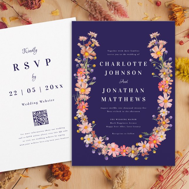 Invitation Mariage d'automne avec des fleurs sauvages et du b (Elegant floral navy blue fall wedding invitation with wildflower dried flowers wreath)