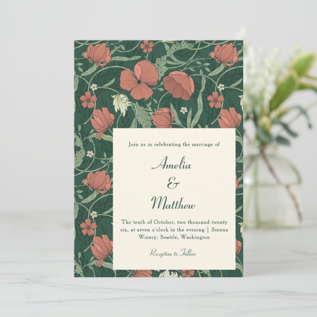 Invitation Mariage d'automne botanique floral rouge vert forê (Debout devant)