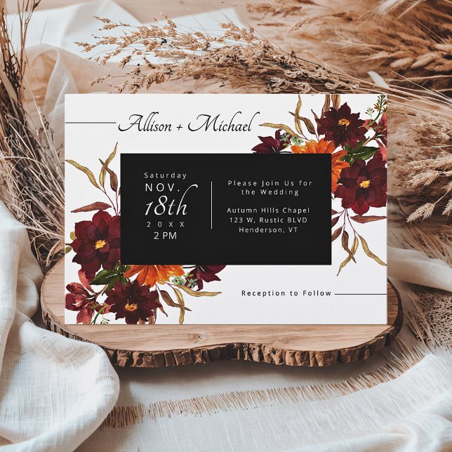 Invitation Mariage d'automne Dahlia Orange Brûlé Bourgogne (Créateur téléchargé)