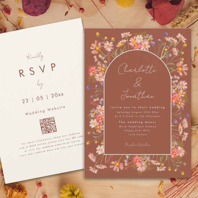 Invitation Mariage d'automne de style boho chic avec arche fl (Boho chic wildflower arch terracotta burnt orange fall wedding invitation )