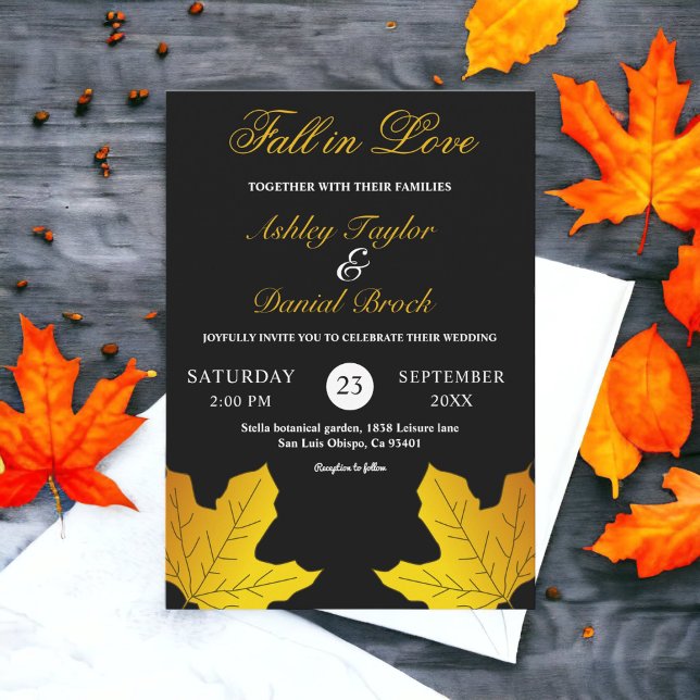 Invitation Mariage d'automne élégant Luxe Noir et Or Feuilles (Créateur téléchargé)