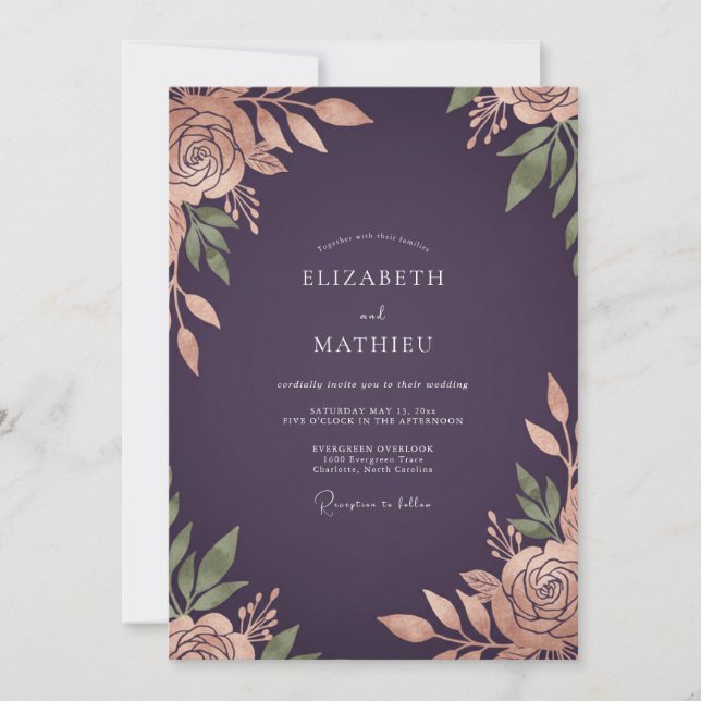 Invitation Mariage d'automne en cuivre doré et prune (Devant)