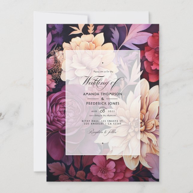 Invitation Mariage d'automne floral au vin doré et prune (Devant)