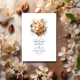 Invitation Mariage d'automne floral beige à châtaigne