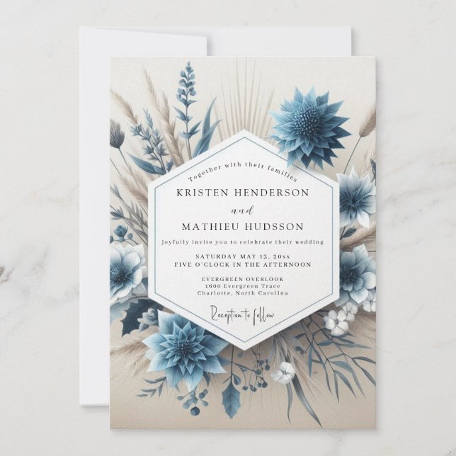 Invitation Mariage d'automne floral bleu ardoise (Devant)