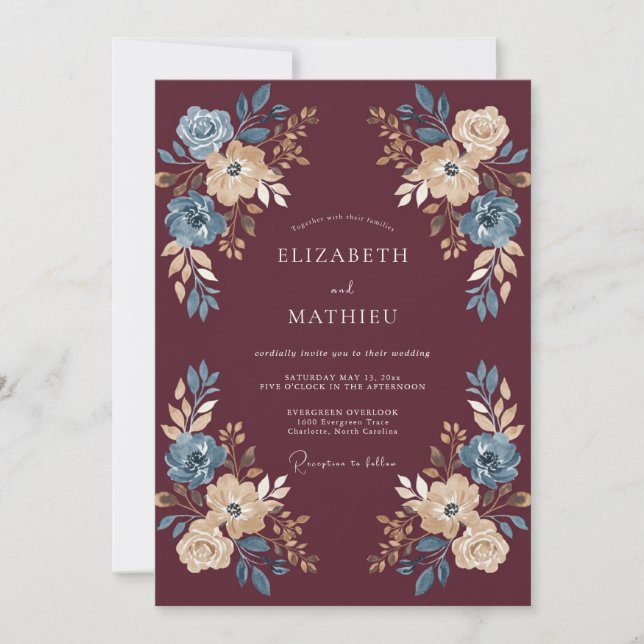 Invitation Mariage d'automne floral bleu et burgundy (Devant)