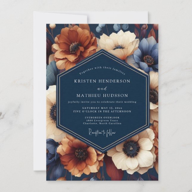 Invitation Mariage d'automne floral bleu marine (Devant)